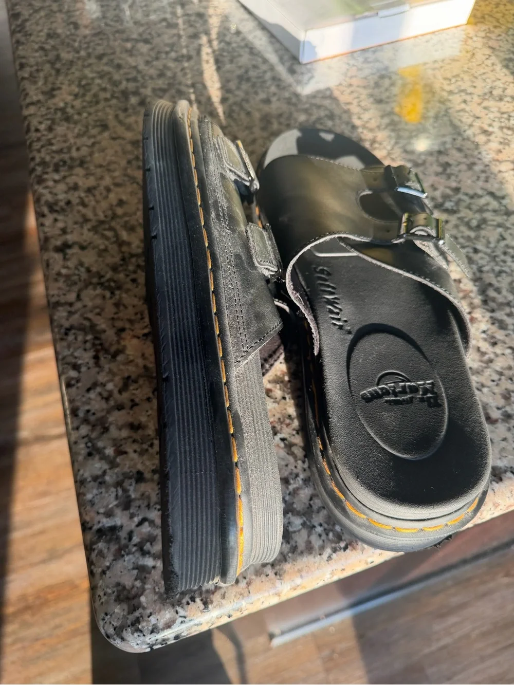 Dr. Martens Black Double-Buckle Slide Sandals with Yellow Stitching